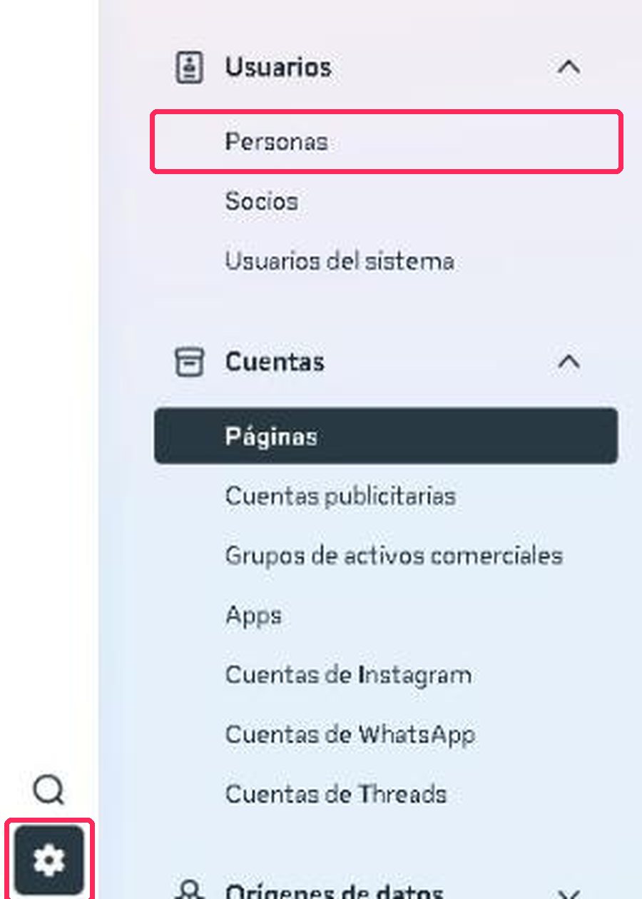 El engranaje (abajo a la izquierda) y «Personas», dentro de «Usuarios»